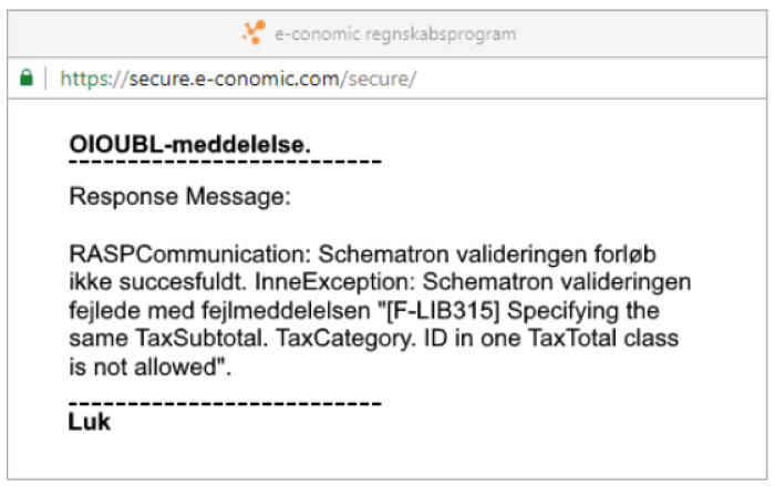 Viser en OIOUBL-fejlmeddelelse i e-conomic – bruges til at informere brugeren om, at en EAN-faktura er afvist på grund af flere momssatser.