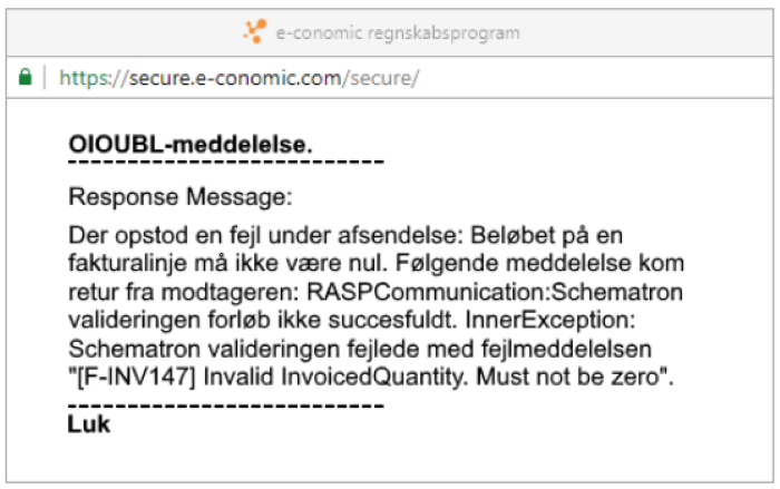 Viser fejlmeddelelse for fakturalinje med et beløb på nul i e-conomic – bruges til at forklare brugeren, hvorfor en faktura ikke kan sendes.