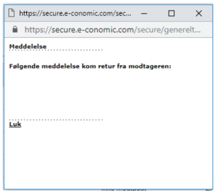 Viser den blanke fejlmeddelelse i e-conomic – bruges til at genkende fejlen for ugyldige tegn i en faktura.