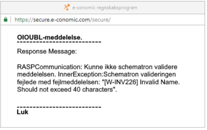 Viser en OIOUBL-fejlmeddelelse i e-conomic – bruges til at genkende fejlen, når en tekstlinje på en faktura er for lang.