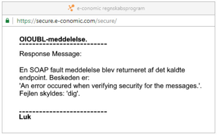 Viser en OIOUBL-fejlmeddelelse i e-conomic – bruges til at identificere, hvorfor afsendelsen af en elektronisk faktura er fejlet.