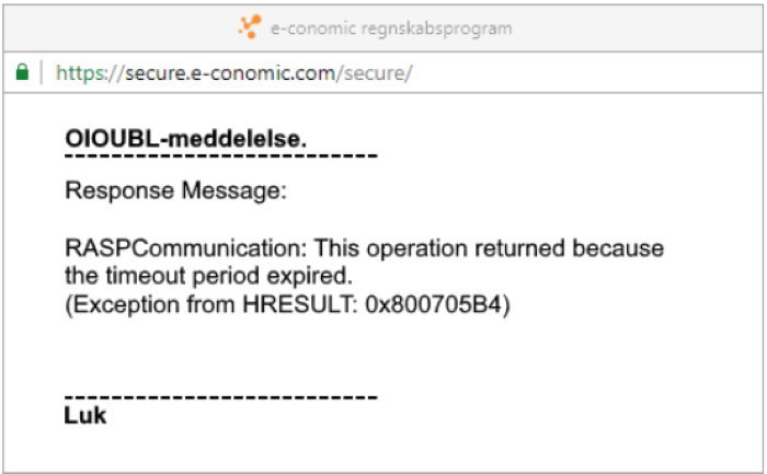 Viser en OIOUBL-fejlmeddelelse i e-conomic – bruges til at identificere en timeout fejl ved afsendelse af en EAN-faktura.