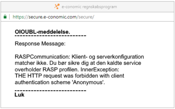 Viser en OIOUBL-fejlmeddelelse i e-conomic – bruges til at identificere en afsendelsesfejl forårsaget af en forkert NemHandel-profil hos modtageren.