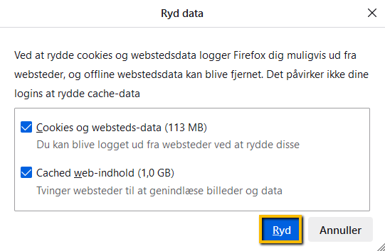 Viser dialogboksen 'Ryd data' i Mozilla Firefox – bruges til at bekræfte sletning af cookies og websteds-data.