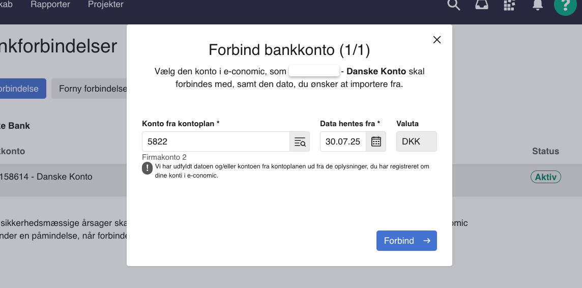 Viser vinduet 'Forbind bankkonto' i bankintegrationen – bruges til at tilknytte en konto fra kontoplanen og vælge en startdato for dataimport.