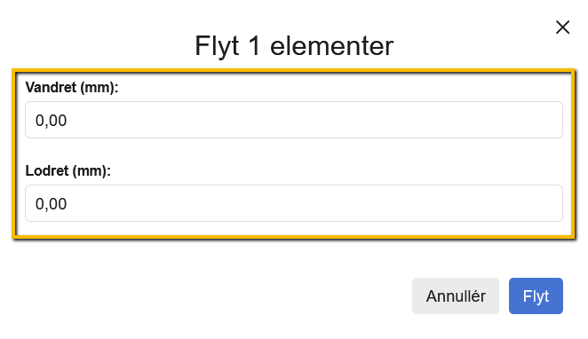 Viser dialogboksen 'Flyt elementer' i Skabelonlayout – bruges til at angive den vandrette og lodrette afstand, et valgt element skal flyttes.
