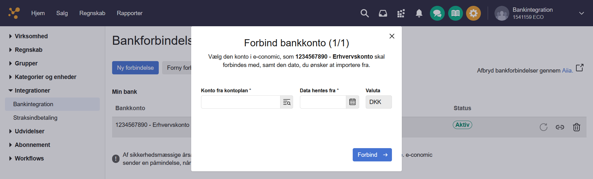 Viser modalen 'Forbind bankkonto' i Bankintegration – bruges til at koble en bankkonto til en konto i kontoplanen og angive en startdato for import.