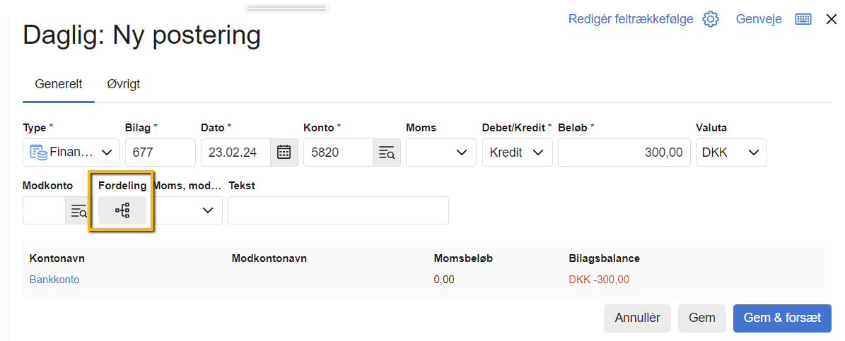 Viser fordelingsikonet i en ny postering – bruges til at åbne fordelingsskabelonen for at fordele en postering på flere konti.