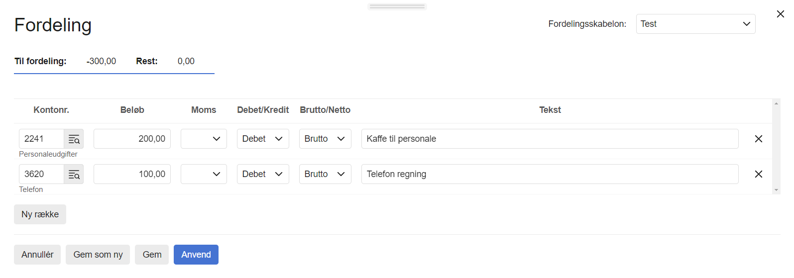 Viser en udfyldt fordelingsskabelon i kassekladden – bruges til at oprette en flerbenet postering.