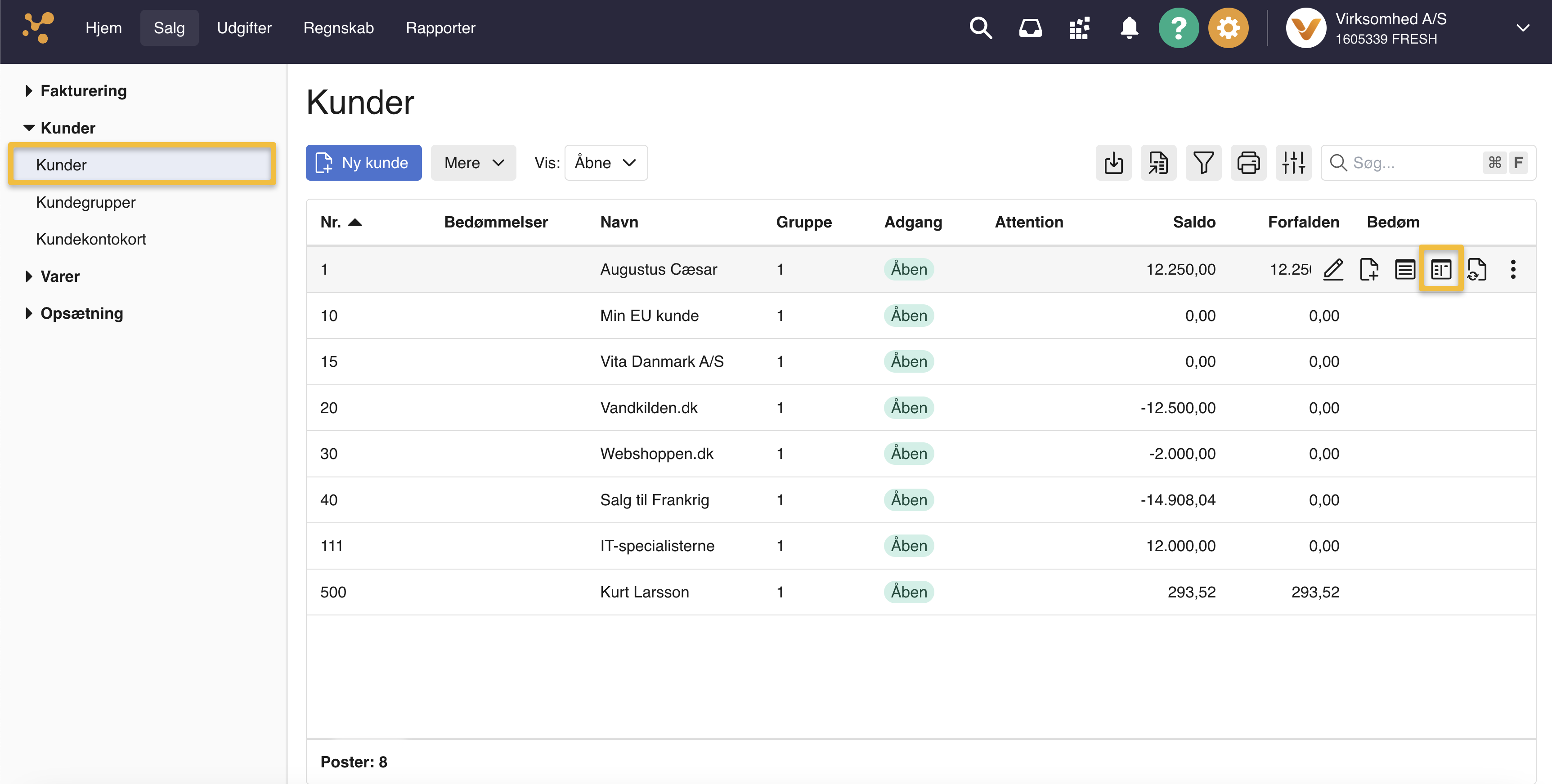 Viser linjeikonet 'Åbne posteringer' i kundelisten – bruges til at åbne en kundes posteringer for at kunne ændre en fakturas forfaldsdato.