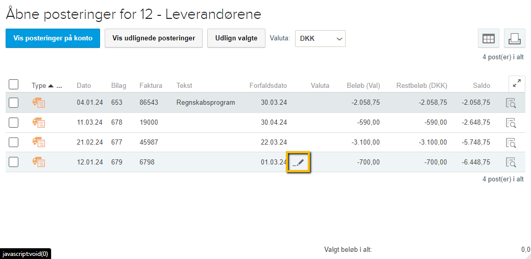 Viser blyantikonet ved forfaldsdatoen i listen over åbne leverandørposteringer – bruges til at ændre forfaldsdatoen på en bogført købsfaktura.