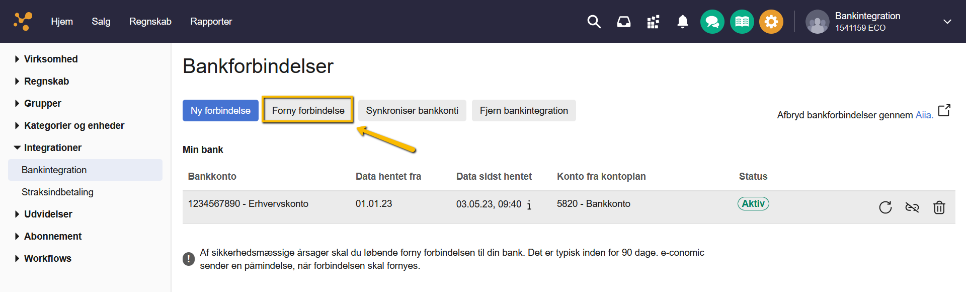 Viser knappen 'Forny forbindelse' i Bankintegration – bruges til at forny bankforbindelsen.