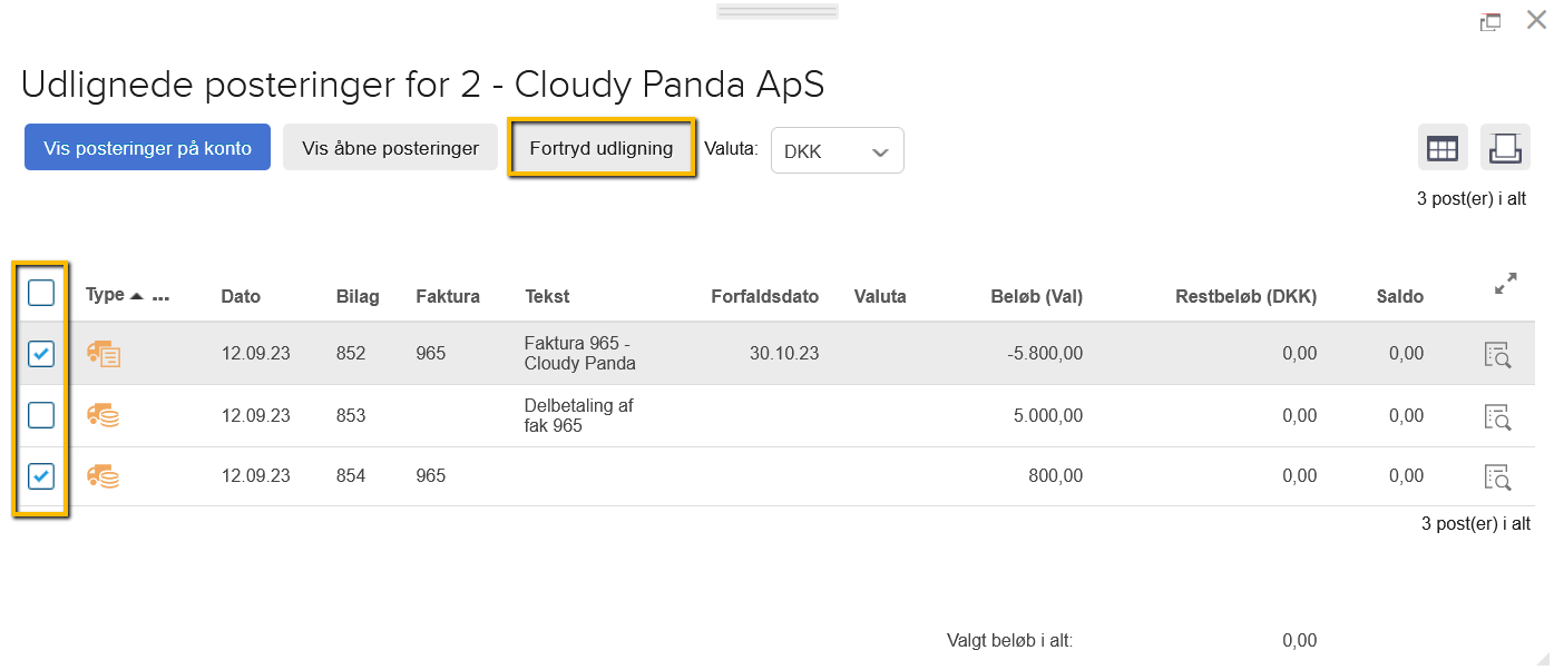 Viser knappen 'Fortryd udligning' i oversigten 'Udlignede posteringer' – bruges til at fortryde udligningen for de markerede posteringer.