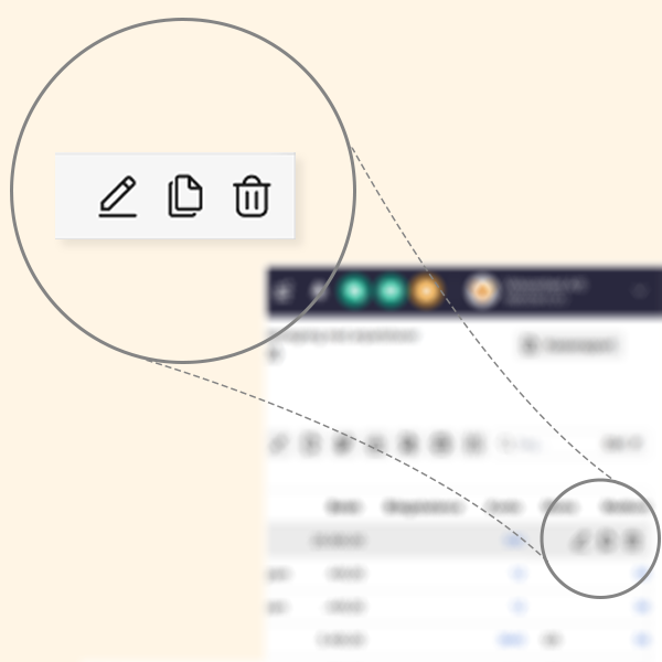 Viser handlingsikonerne for en postering i en tabeloversigt – bruges til at redigere, kopiere eller slette posteringen.