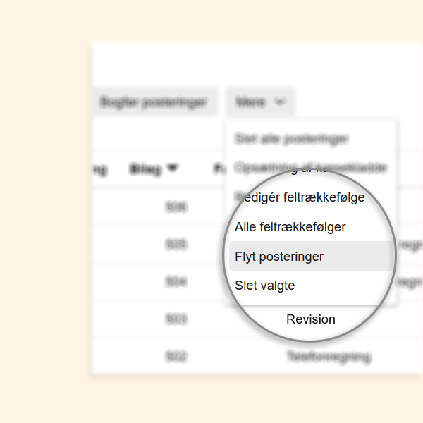 Viser valgmuligheden "Flyt posteringer" i kassekladden – bruges til at flytte markerede posteringer til en anden kladde.