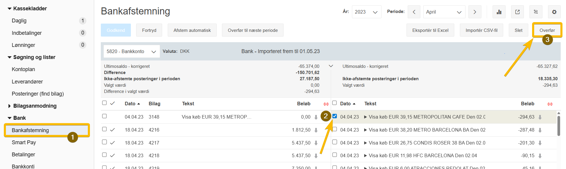 Viser overførsel af en markeret bankpostering i bankafstemningen – bruges til at sende posteringen til en kassekladde for at bogføre betalingen.