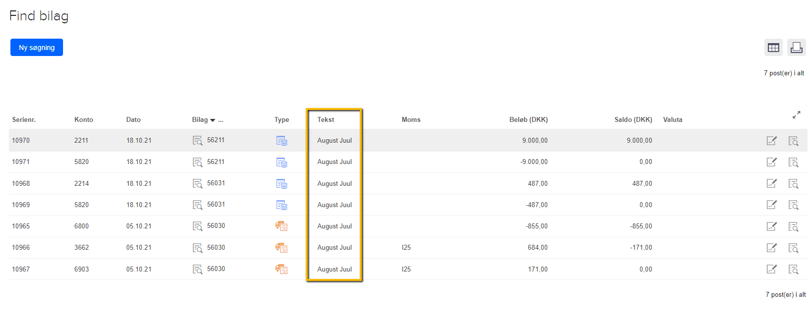 Viser et søgeresultat i 'Find bilag' – bruges til at finde bilag med personoplysninger i tekstfeltet.