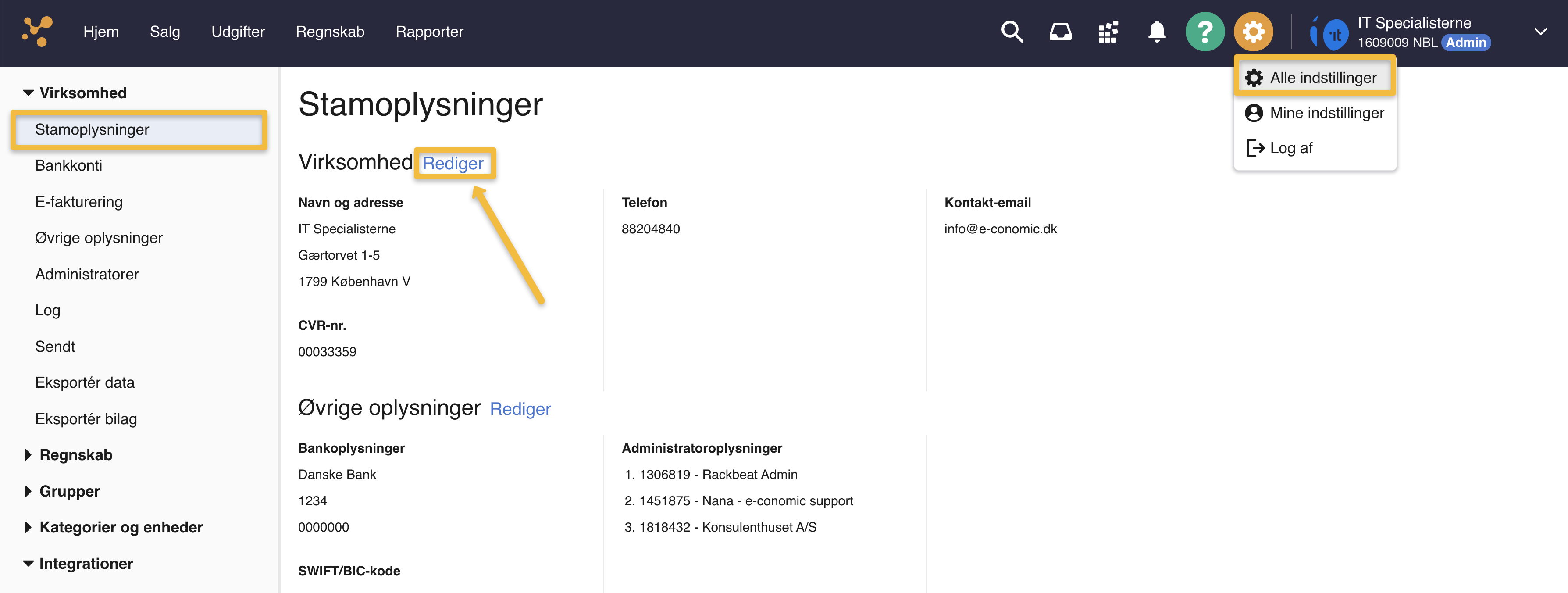 Viser stien til redigering af virksomhedsoplysninger i Stamoplysninger – bruges til at gennemtvinge totrinsbekræftelse.