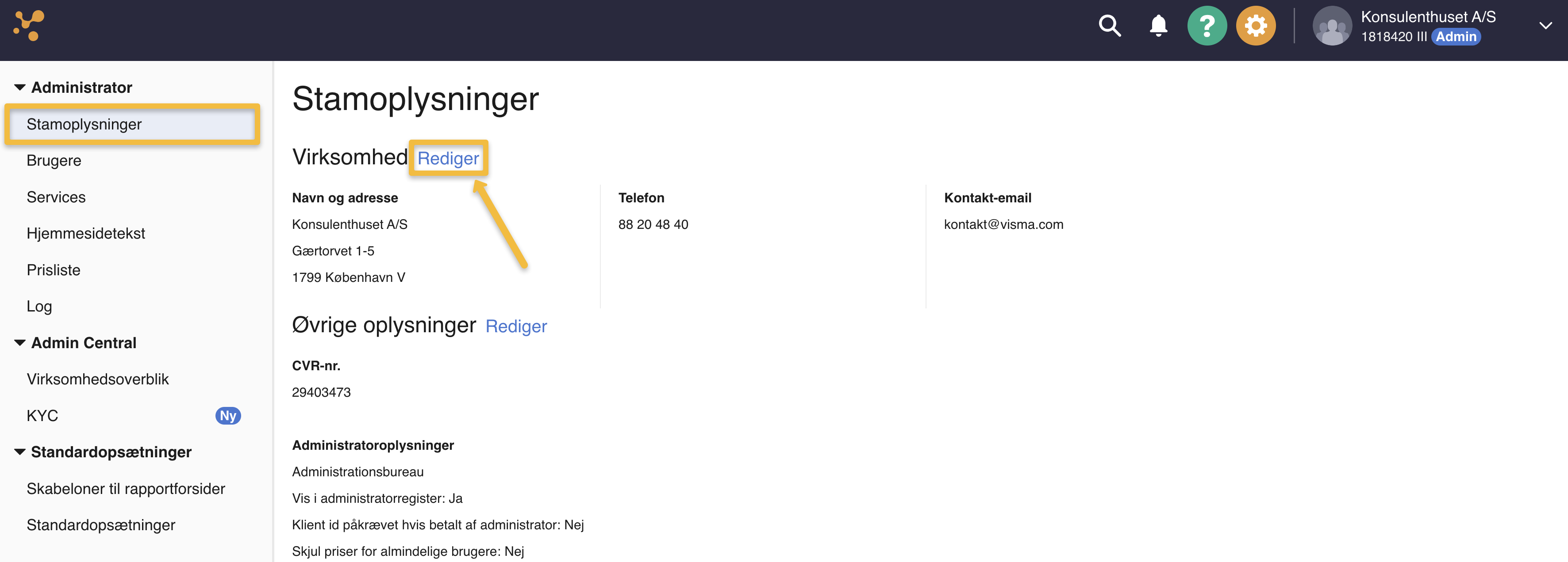 Viser Redigér-knappen i stamoplysninger under Administrator – bruges til at tilgå indstillingen for at gennemtvinge totrinsbekræftelse.
