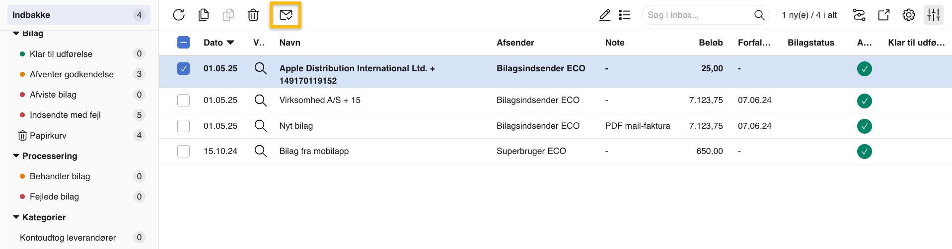 Viser ikonet 'Godkend dokument' i Indbakken – bruges til at godkende markerede bilag.