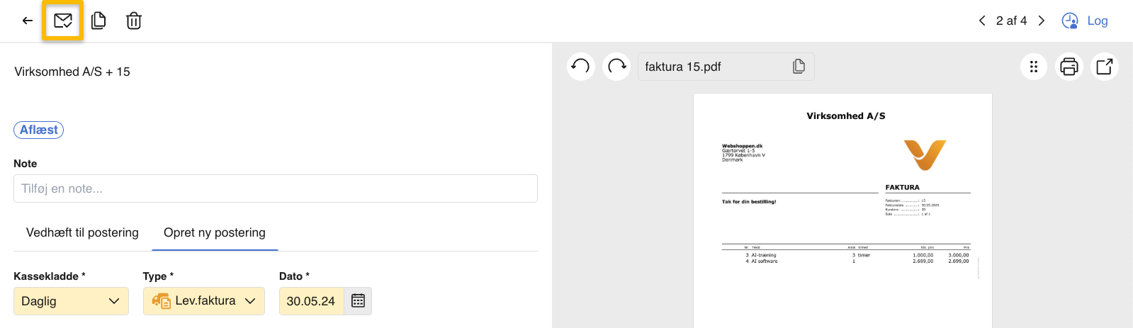 Viser Godkend dokument-ikonet i bilagsvisningen i Indbakken – bruges til at godkende et bilag.