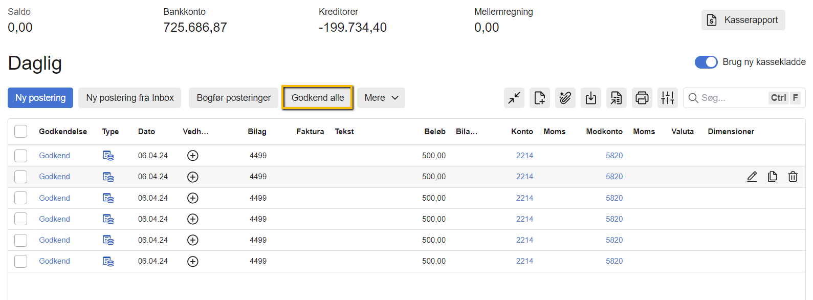 Viser 'Godkend alle'-knappen i kassekladden – bruges til at godkende alle posteringer samlet.