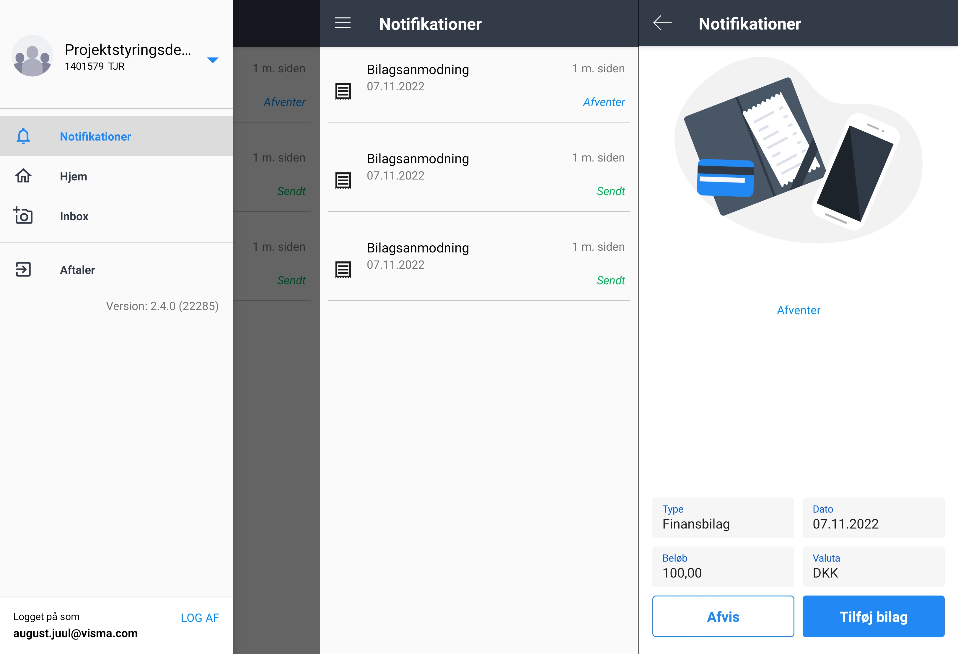 Viser en bilagsanmodning med status 'Afventer' i Notifikationer i mobil-appen – bruges til at tilføje et bilag som svar på anmodningen.