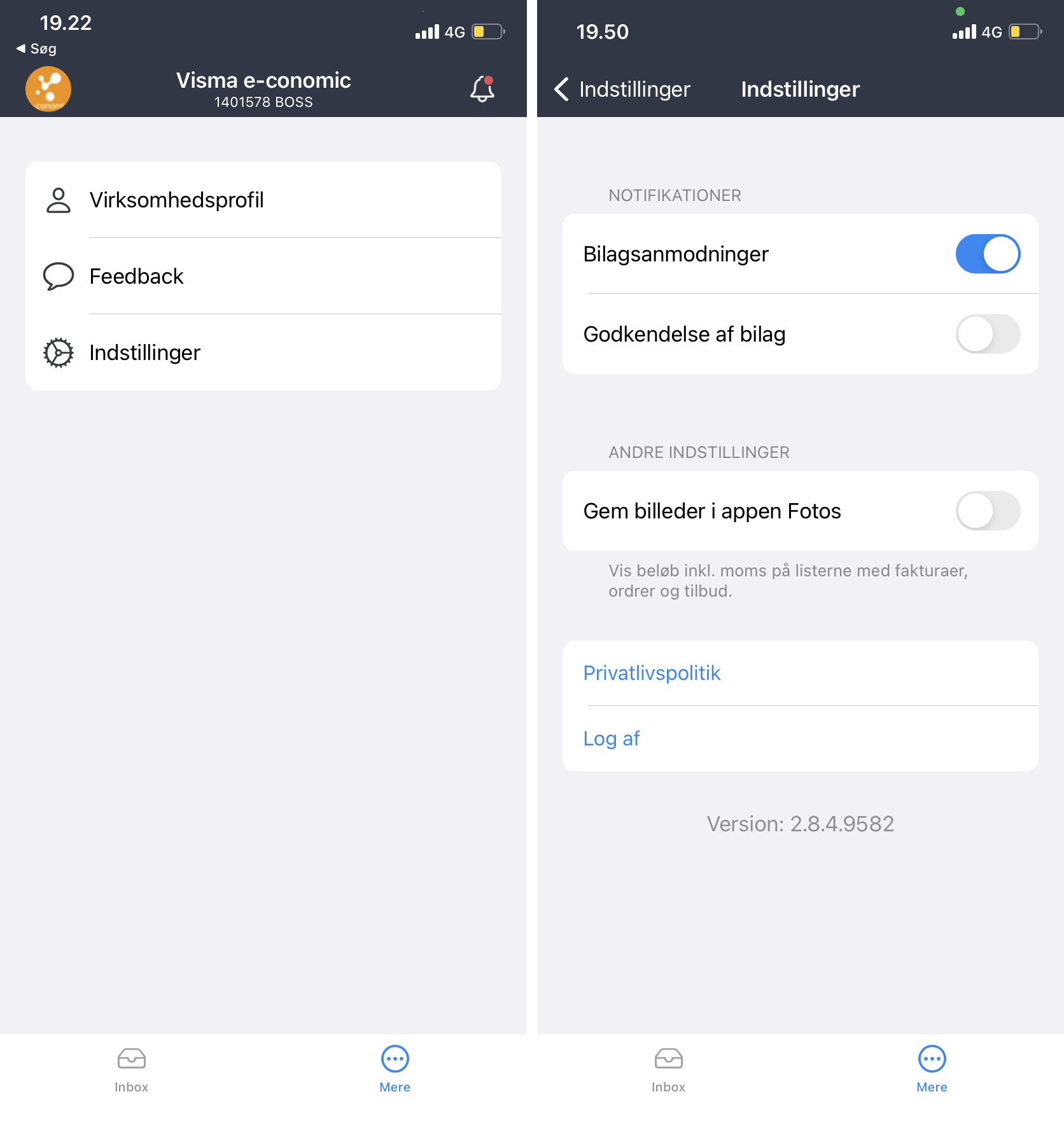 Viser indstillingen 'Gem billeder i appen Fotos' i e-conomic mobilappens indstillinger – bruges til at vælge, om billeder af bilag også gemmes i telefonens fotobibliotek.