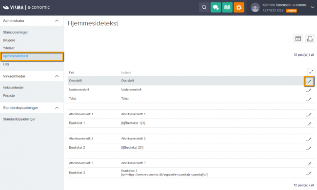 Viser siden Hjemmesidetekst i Administrator-modulet – bruges til at redigere de tekster, der vises i revisorlisten.