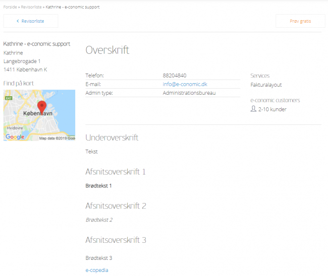Viser en revisorprofil i Revisorlisten – bruges til at se, hvordan den redigerede hjemmesidetekst præsenteres for kunder.