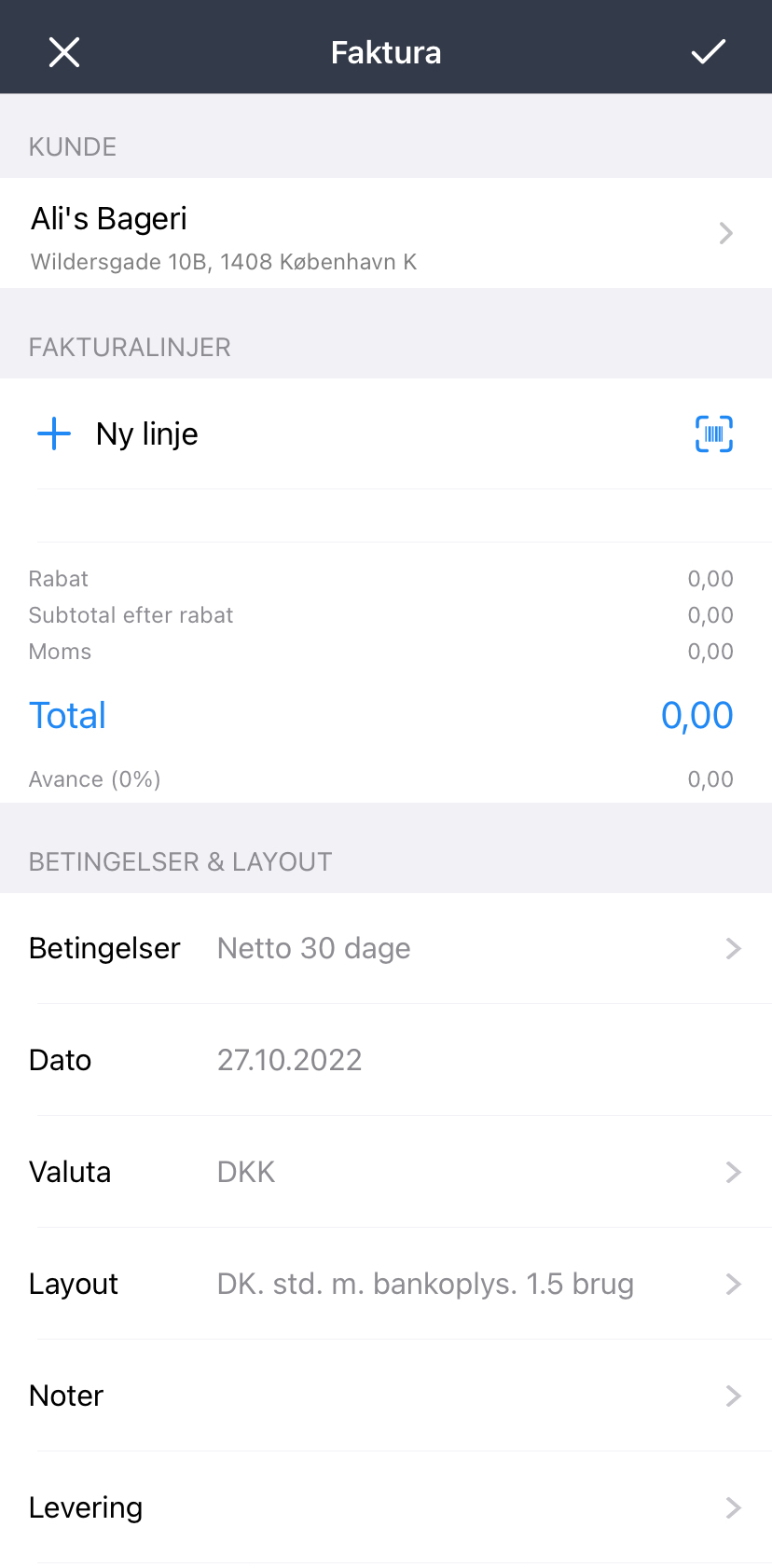 Viser en fakturakladde i fakturamodulet – bruges til at oprette en ny faktura til en kunde.