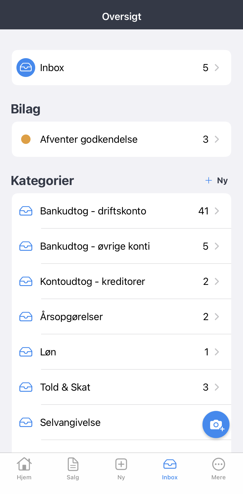 Viser Inbox-oversigten i e-conomic appen – bruges til at få et overblik over de bilag, der er klar til bogføring.