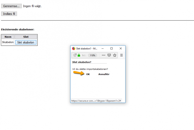 Viser OK-knappen i bekræftelsesdialogen under dataimport – bruges til at bekræfte sletningen af den valgte importskabelon.