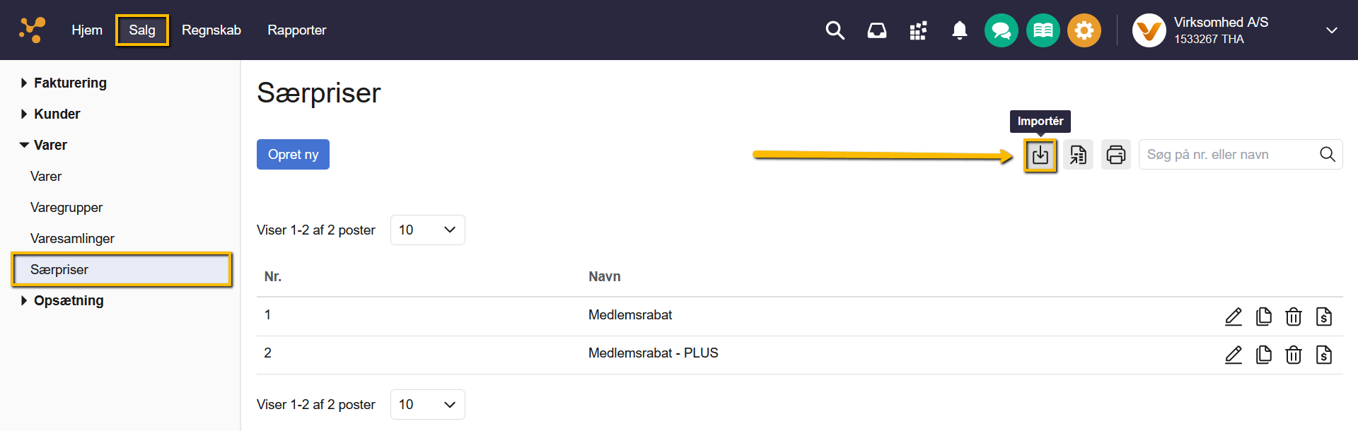 Viser 'Importér'-ikonet i Særpriser – bruges til at indlæse en CSV-fil med særpriser.