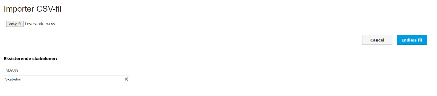 Viser vinduet til filimport i leverandørkartoteket – bruges til at vælge en CSV-fil fra computeren og indlæse den