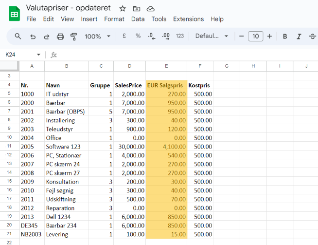 Viser en varefil med udfyldte valutapriser i et regneark – bruges til at klargøre data til import af nye salgspriser.