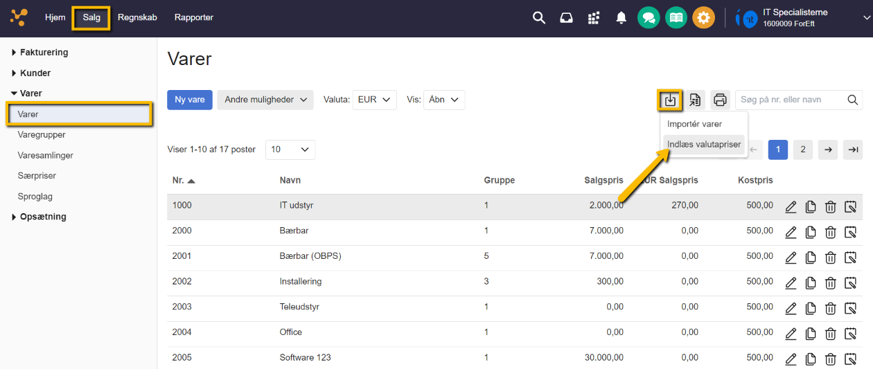 Viser funktionen 'Indlæs valutapriser' i vareoversigten – bruges til at starte import af en fil med valutapriser.
