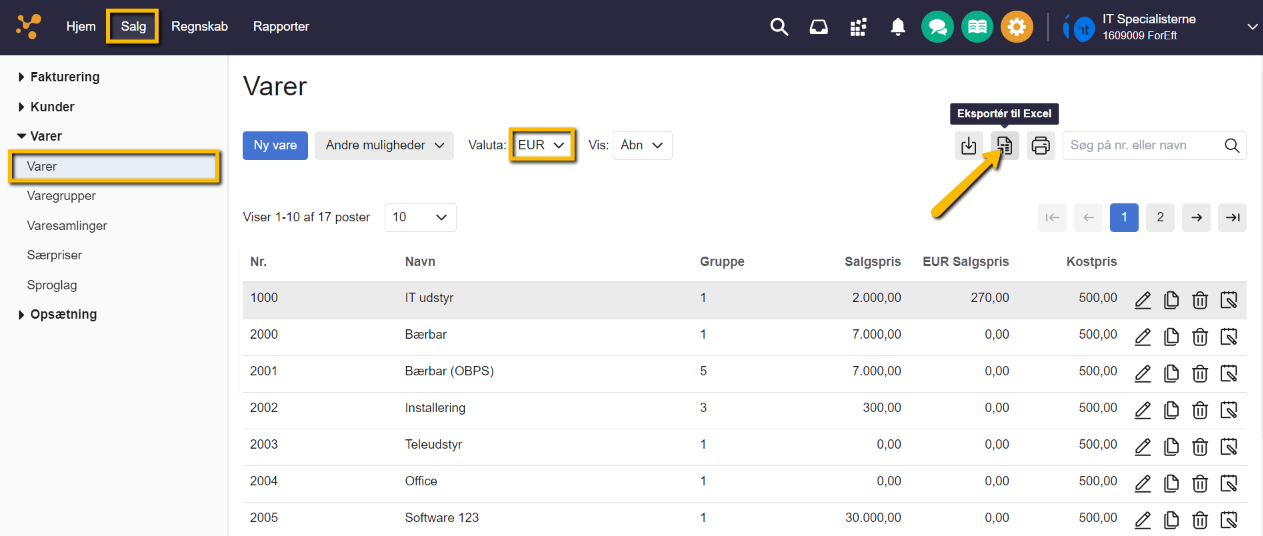 Viser eksport til Excel-ikonet i varekartoteket – bruges til at eksportere en vareliste med valutapriser til en fil.