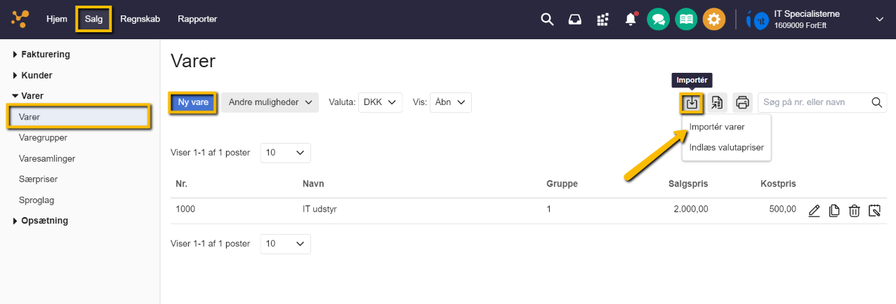 Viser knappen 'Importér varer' i vareoversigten – bruges til at starte import af varer.
