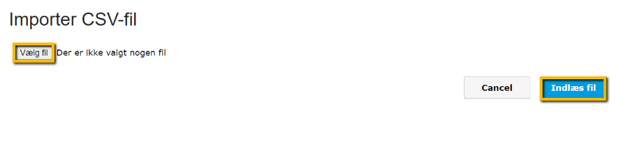 Viser dialogboksen til import af en CSV-fil i varekartoteket – bruges til at vælge en fil fra computeren og starte indlæsningen.