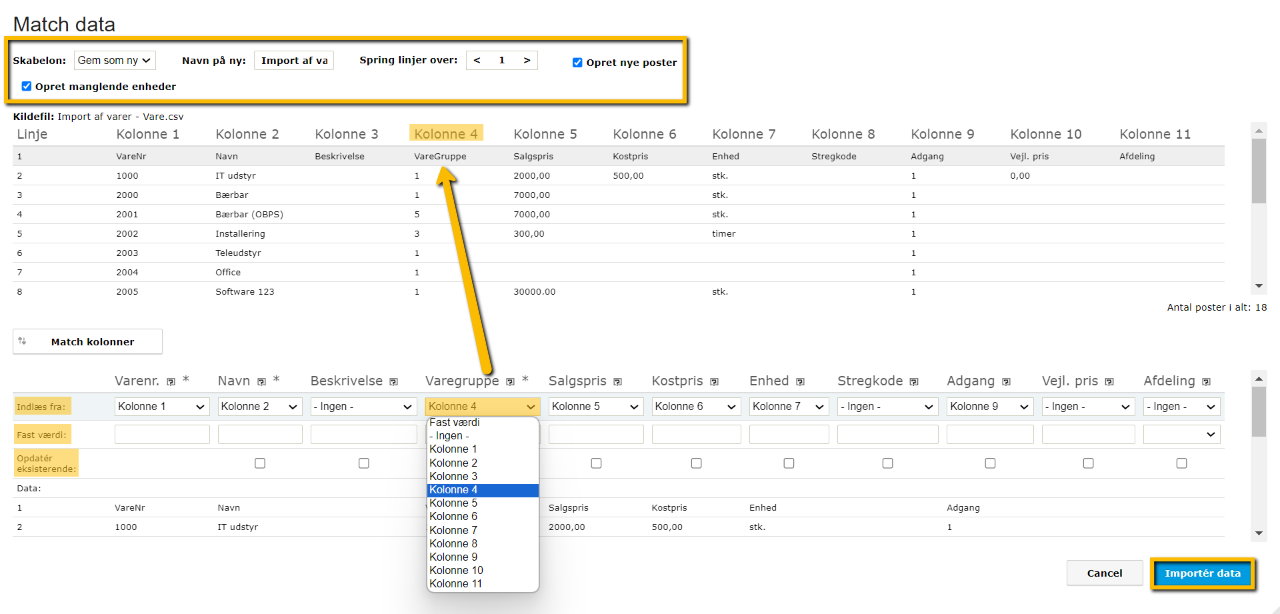 Viser matchning af kolonner i import af varer – bruges til at mappe data fra en importfil til de korrekte felter i e-conomic.