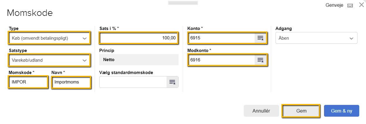 Viser en færdigopsat momskode i indstillingerne for momskoder – bruges til at oprette den specifikke momskode til importmoms.