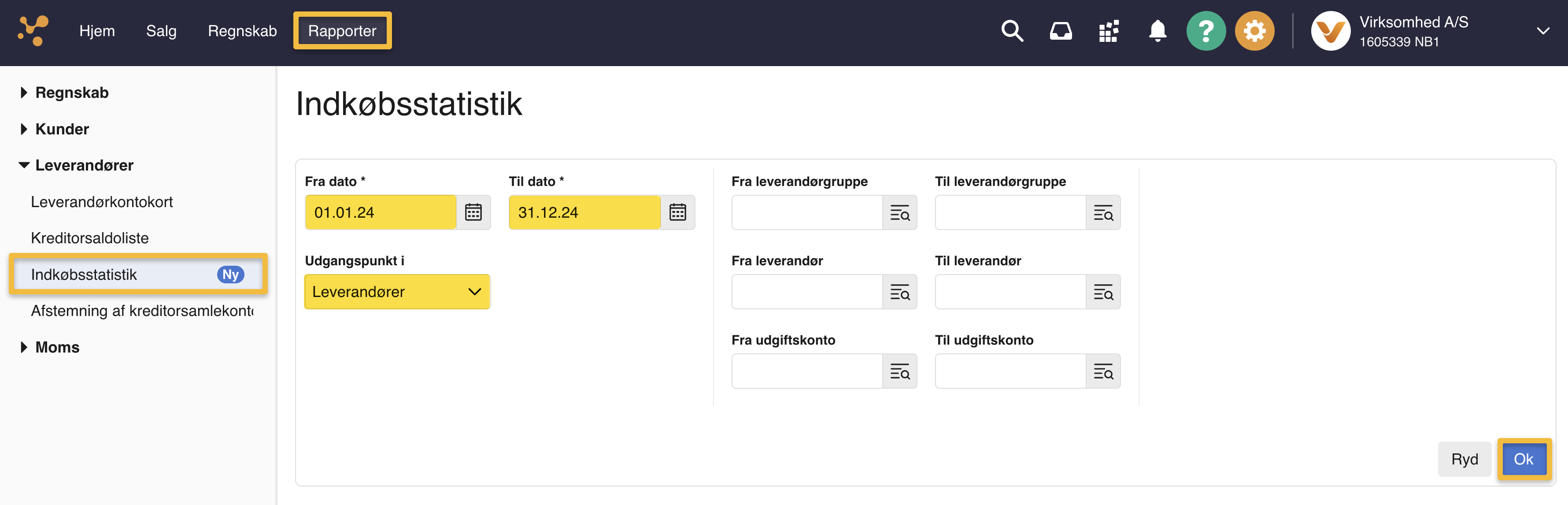 Viser indstillingerne for rapporten Indkøbsstatistik i Rapporter – bruges til at definere og generere en statistik over virksomhedens indkøb.
