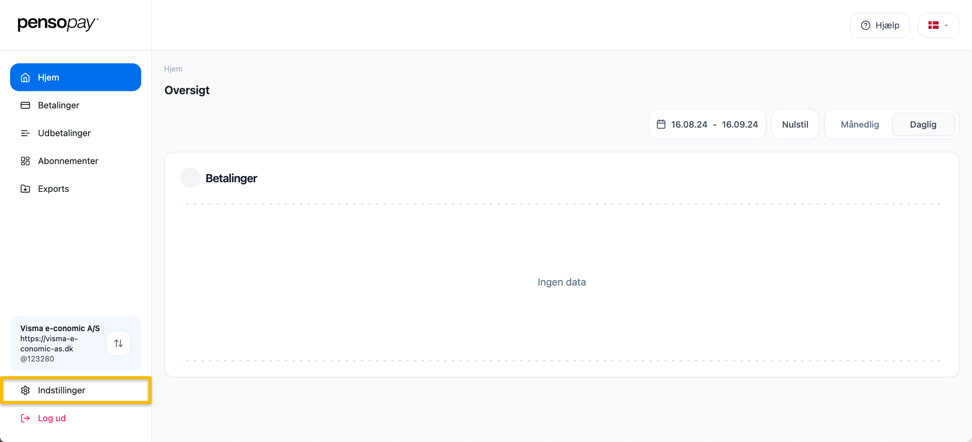 Viser menupunktet "Indstillinger" i Pensopay – bruges til at navigere til KYC-ansøgningen.
