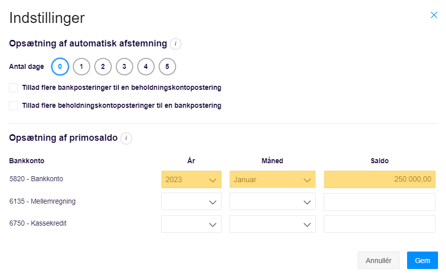 Viser opsætning af primosaldo i indstillinger for bankafstemning – bruges til at indtaste en startbalance og -dato for en bankkonto.