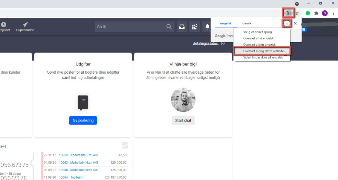 Viser valgmuligheden 'Oversæt aldrig dette website' i browserens Google Translate-menu – bruges til at deaktivere automatisk oversættelse for at undgå fejl i e-conomic.