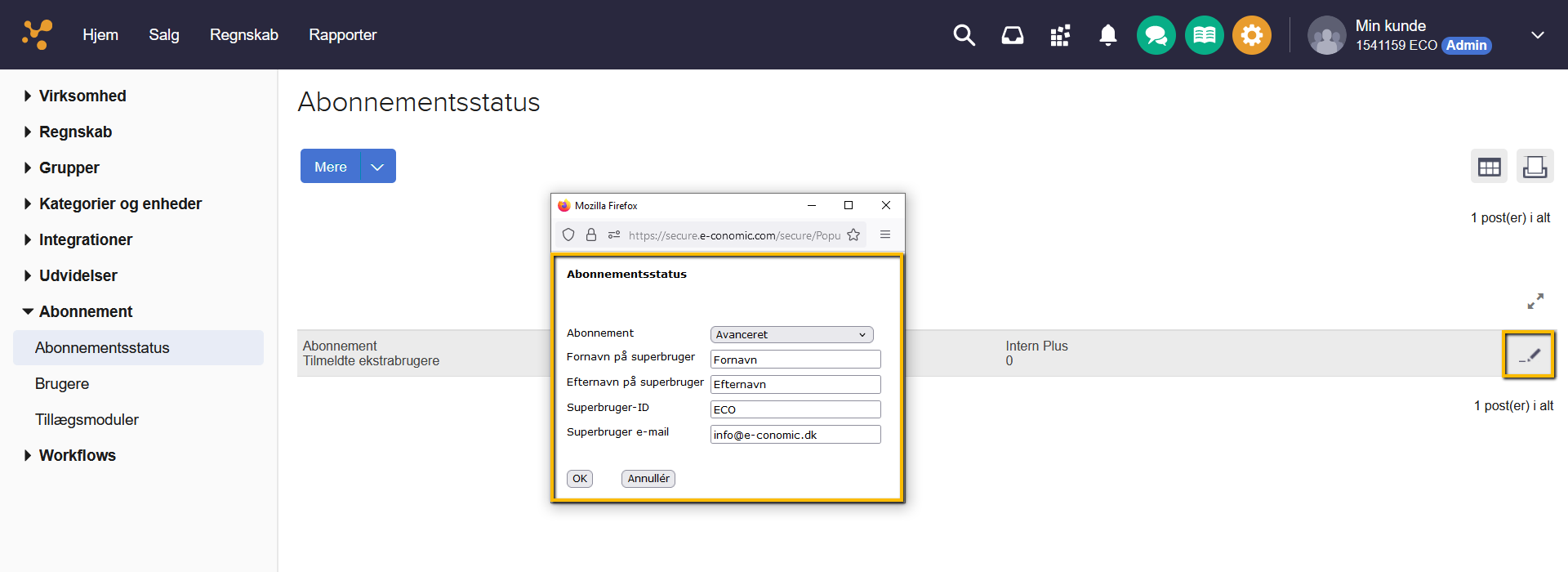 Viser redigeringsvinduet for et abonnement i Abonnementsstatus – bruges til at skifte en aftale fra intern til ekstern.