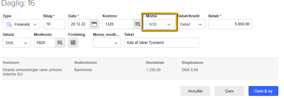 Viser valg af momskode IV25 i kassekladden – bruges til at bogføre et varekøb fra et andet EU-land.