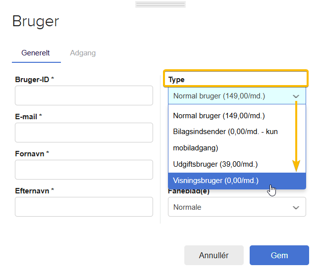 Viser valg af brugertypen 'Visningsbruger' i brugeroprettelsen – bruges til at give en ny bruger skrivebeskyttet adgang.