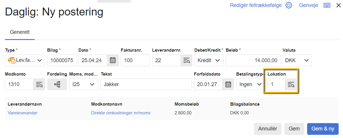 Viser feltet for dimensionen 'Lokation' i Daglig: Ny postering – bruges til at fordele en omkostning på en specifik lokation ved bogføring.